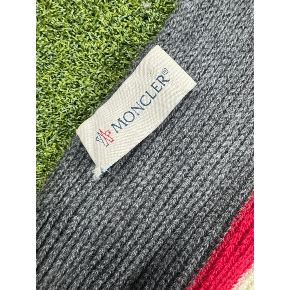 Moncler Wool Scarf Gray Red‎ Navy Stripe Logo Fringe Unisex - Picture 11 of 16